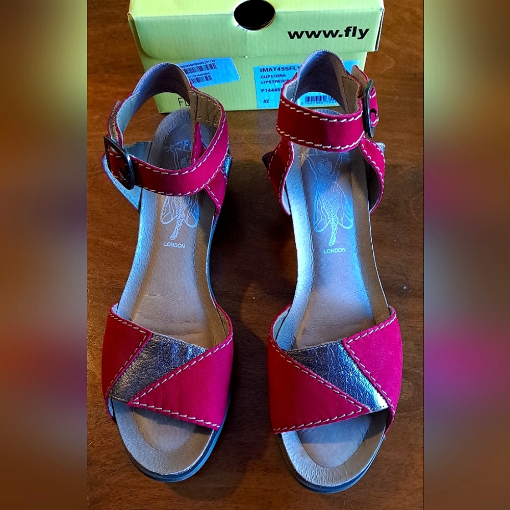 FLY London IMAT Red Nubuck & Silver Leather Wedge Sandals 42